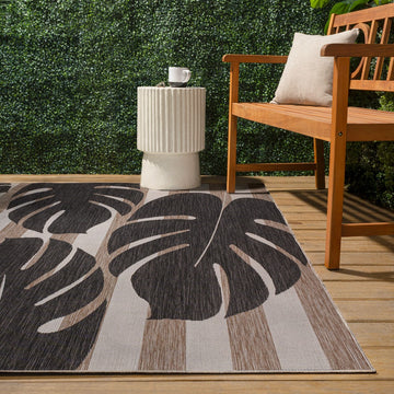 Allison Classic Beach Stripe And Monstera Leaf Indoor/Outdoor Area Rug